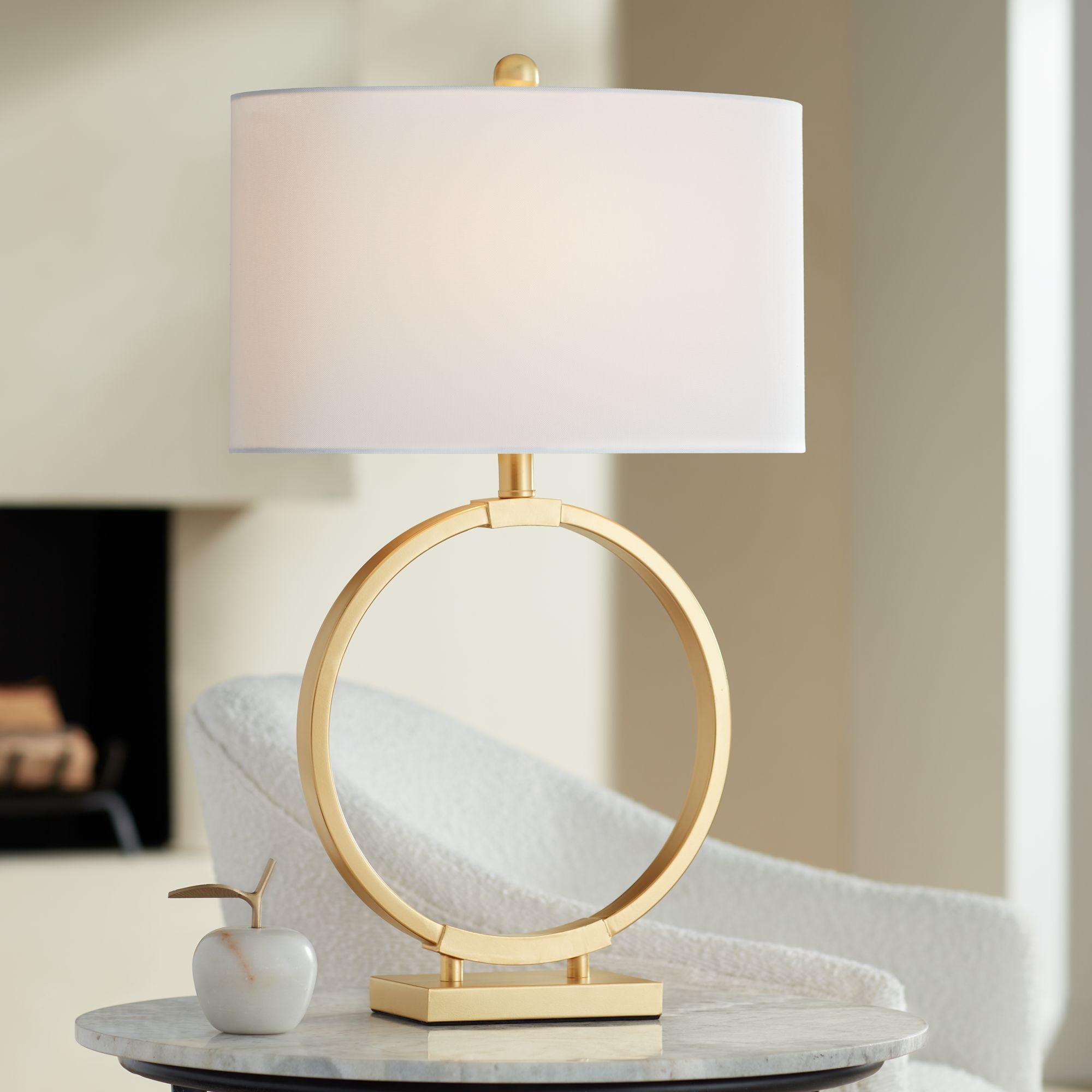Gold Finish Metal Table Lamp with White Fabric Shade