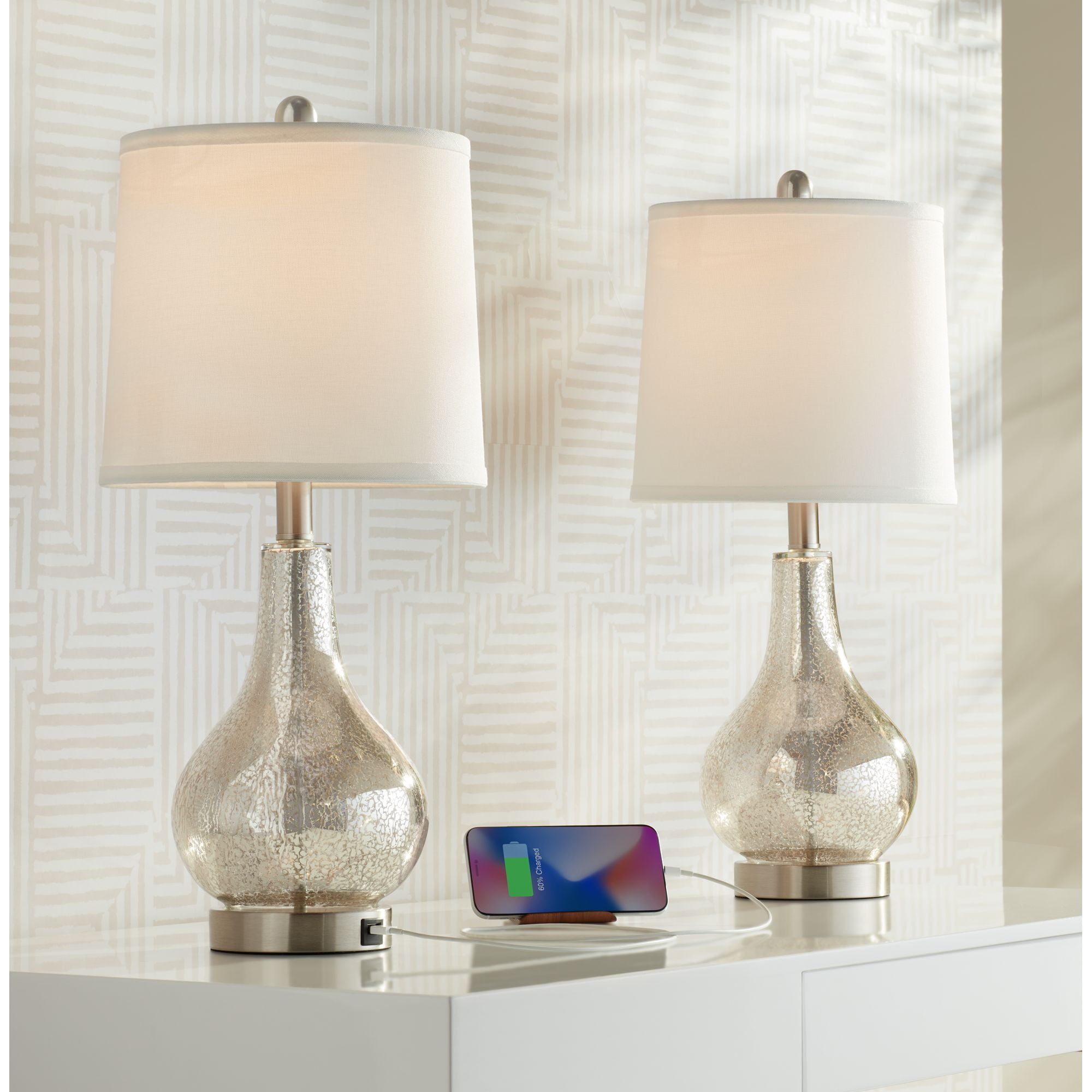360 Lighting Ledger Modern Accent Table Lamps 21 3/4" High Set of 2 Mercury Glass with USB Charging Port Off-White Drum Shade for Family Office Desk