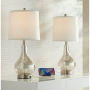360 Lighting Ledger Modern Accent Table Lamps 21 3/4" High Set of 2 Mercury Glass with USB Charging Port Off-White Drum Shade for Family Office Desk