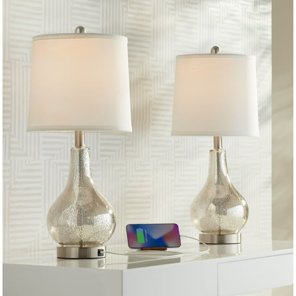 360 Lighting Ledger Modern Accent Table Lamps 21 3/4" High Set of 2 Mercury Glass with USB Charging Port Off-White Drum Shade for Family Office Desk