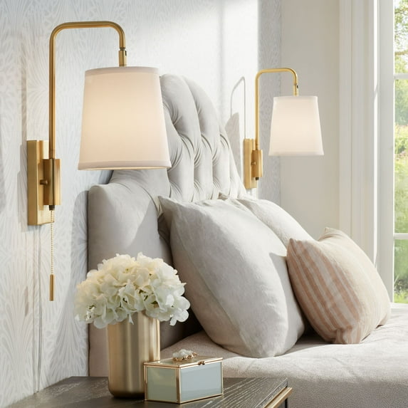 360 Lighting Luca Swing Arm Wall Lamps Set of 2 Warm Brass Metal Plug-in Light Fixture White Fabric Shade for Bedroom Bedside Living Room Reading Home