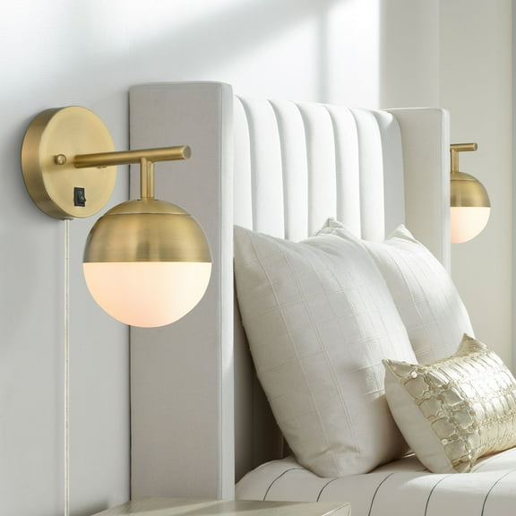 360 Lighting Luna Mid Century Modern Wall Lamps Set of 2 Smart Sockets Brass Plug-In 5 1/2" Fixture White Glass for Bedroom Bedside