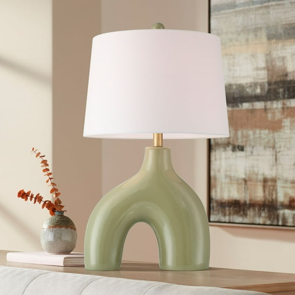 360 Lighting Lyrah 25" High Mid Century Modern 3-Way Table Lamp Green Glaze Finish Ceramic Single White Shade Living Room Bedroom