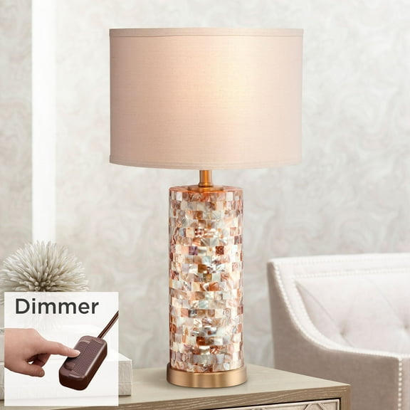 360 Lighting Margaret Modern Coastal Table Lamp 23" High Mother of Pearl Cylinder with Table Top Dimmer Cream Shade for Bedroom Living Room Bedside