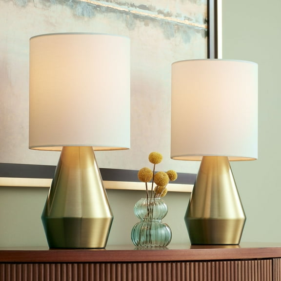 360 Lighting Marty Modern Accent Table Lamps 14 3/4" High Set of 2 Brass Metal White Cylinder Shade for Bedroom Bedside Nightstand Office Kids House