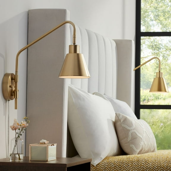 360 Lighting Marybel Modern Swing Arm Wall Lamps Set of 2 Brass Plug-in Light Fixture Tapered Metal Shade for Bedroom Bedside Living Room Reading Home