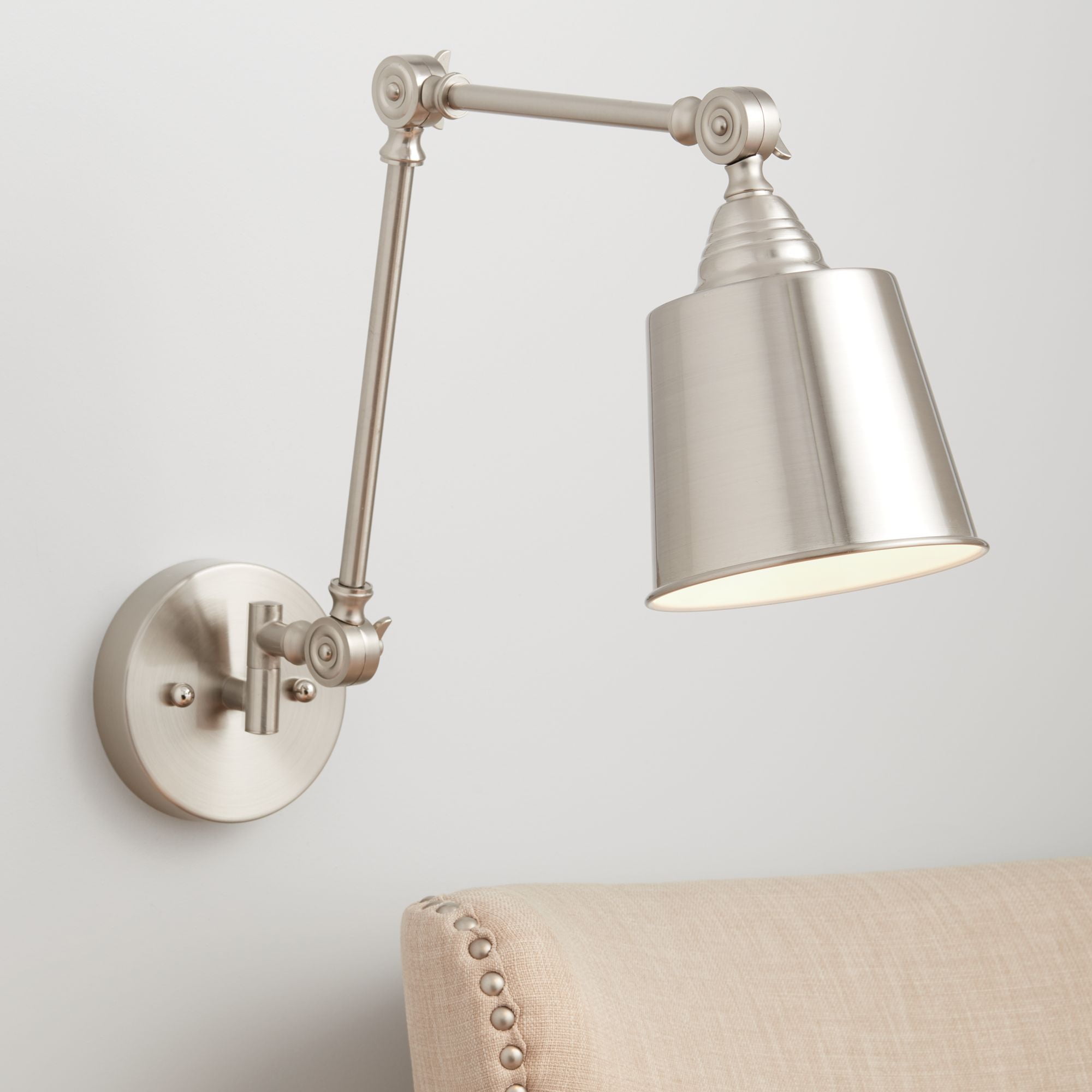 Brushed Nickel Adjustable Swing Arm Wall Sconce with Metal Shade