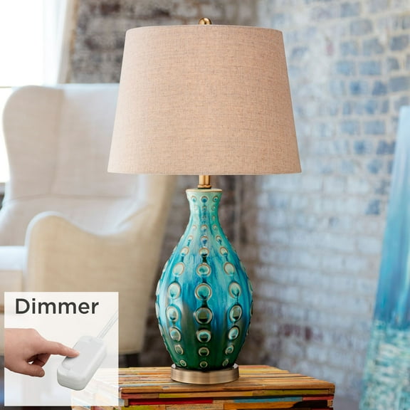 360 Lighting Mid Century Modern Table Lamp with Table Top Dimmer 26.5" High Teal Ceramic Tan Fabric Drum for Living Room Bedroom (Color May Vary)
