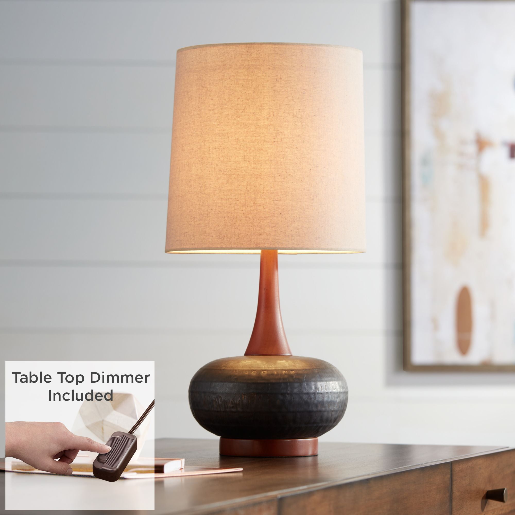 360 Lighting Mid-Century Modern Table Lamp with USB Charging Port 24.5" High Brown Ceramic Off-White Cylinder Shade Bedroom House (Color May Vary)