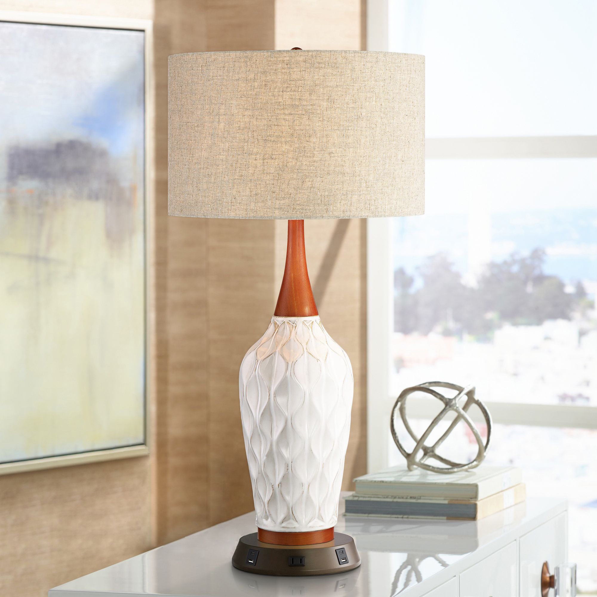 Possini Euro Design Mid Century Modern Table Lamp with USB and AC Power Outlet Workstation Charging Base 30" Tall White Ceramic Drum Shade Bedroom