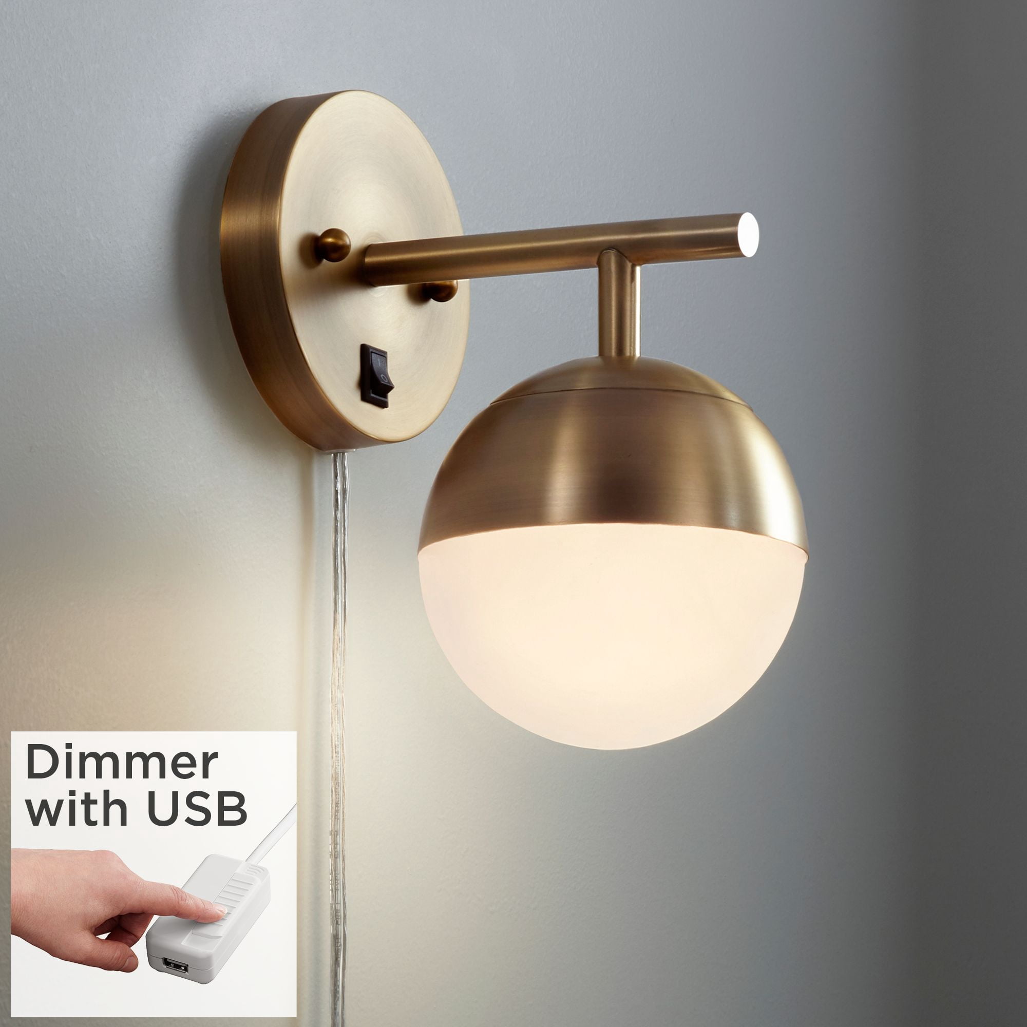 360 Lighting Mid Century Wall Lamps with USB Port Brass Plug-In 5 1/2 ...