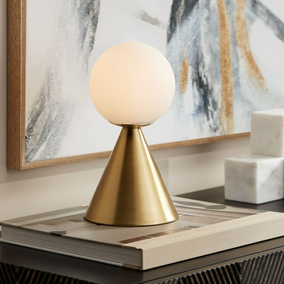 360 Lighting Mobley 10 1/2" High Small Mid Century Modern Glam Accent Table Lamp Gold Metal Single Glass White Shade Living Room