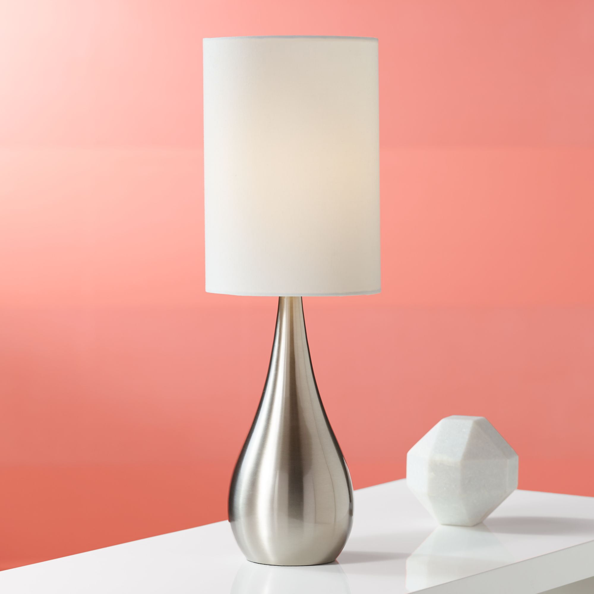Brushed Nickel Teardrop Table Lamp with White Cylinder Shade