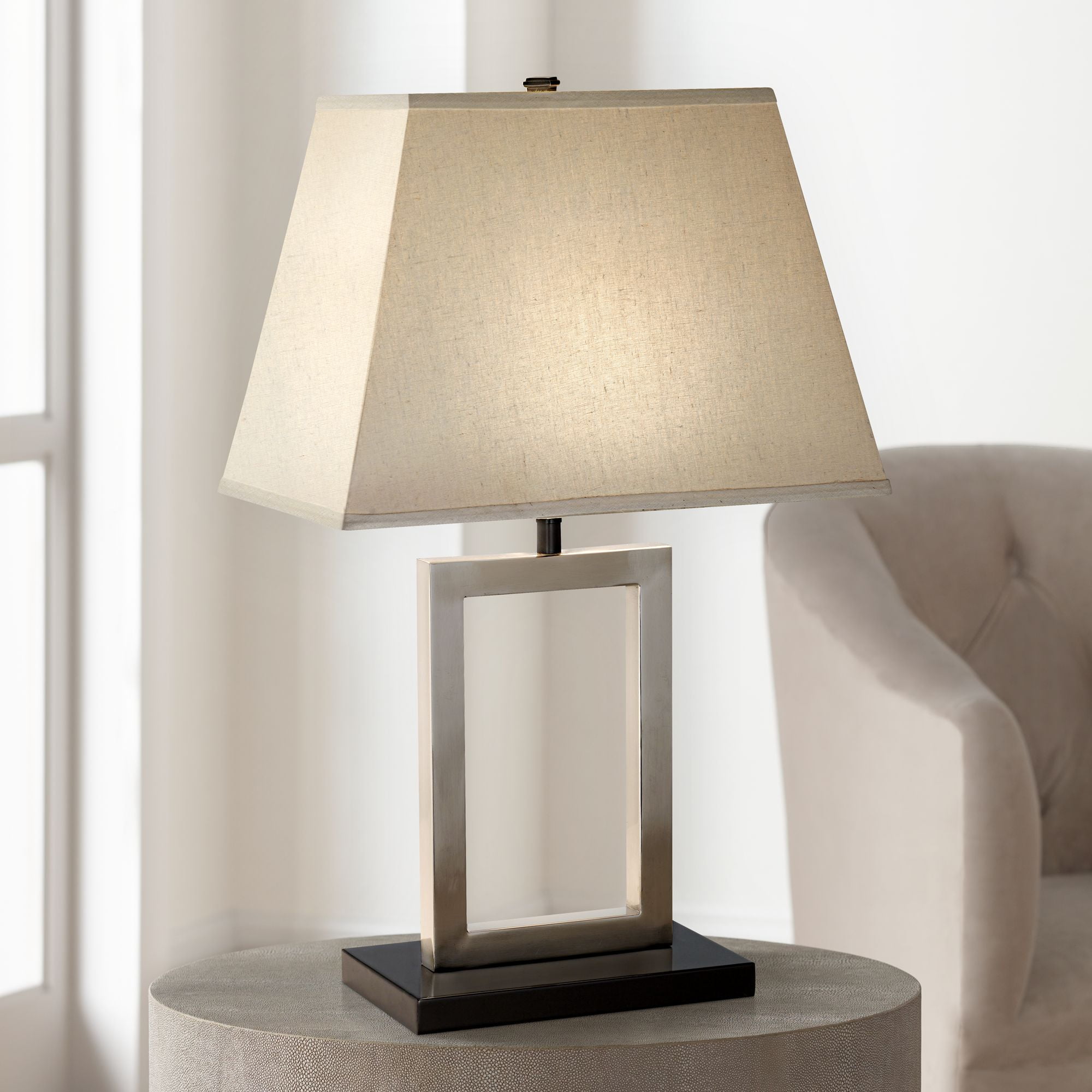 Modern Brushed Nickel Geometric Table Lamp with Beige Fabric Shade