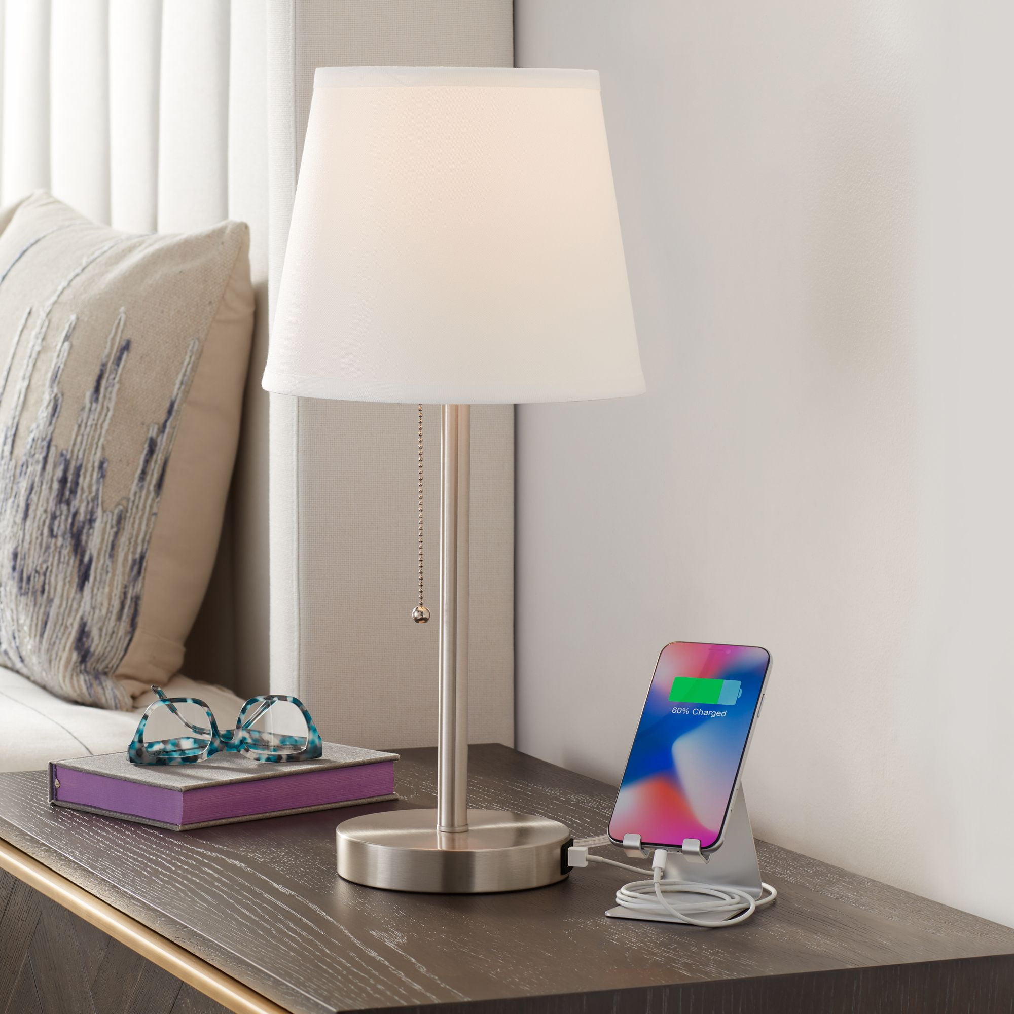 360 Lighting Modern Accent Table Lamp with Hotel Style USB and AC Power Outlet in Base 20" High Brushed Steel White Empire Shade for Living Room Desk