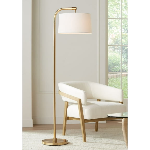360 Lighting Modern Art Deco Arc Floor Lamp 64" Tall Warm Gold Metal White Fabric Drum Shade for Living Room Reading Family Bedroom Office House Home