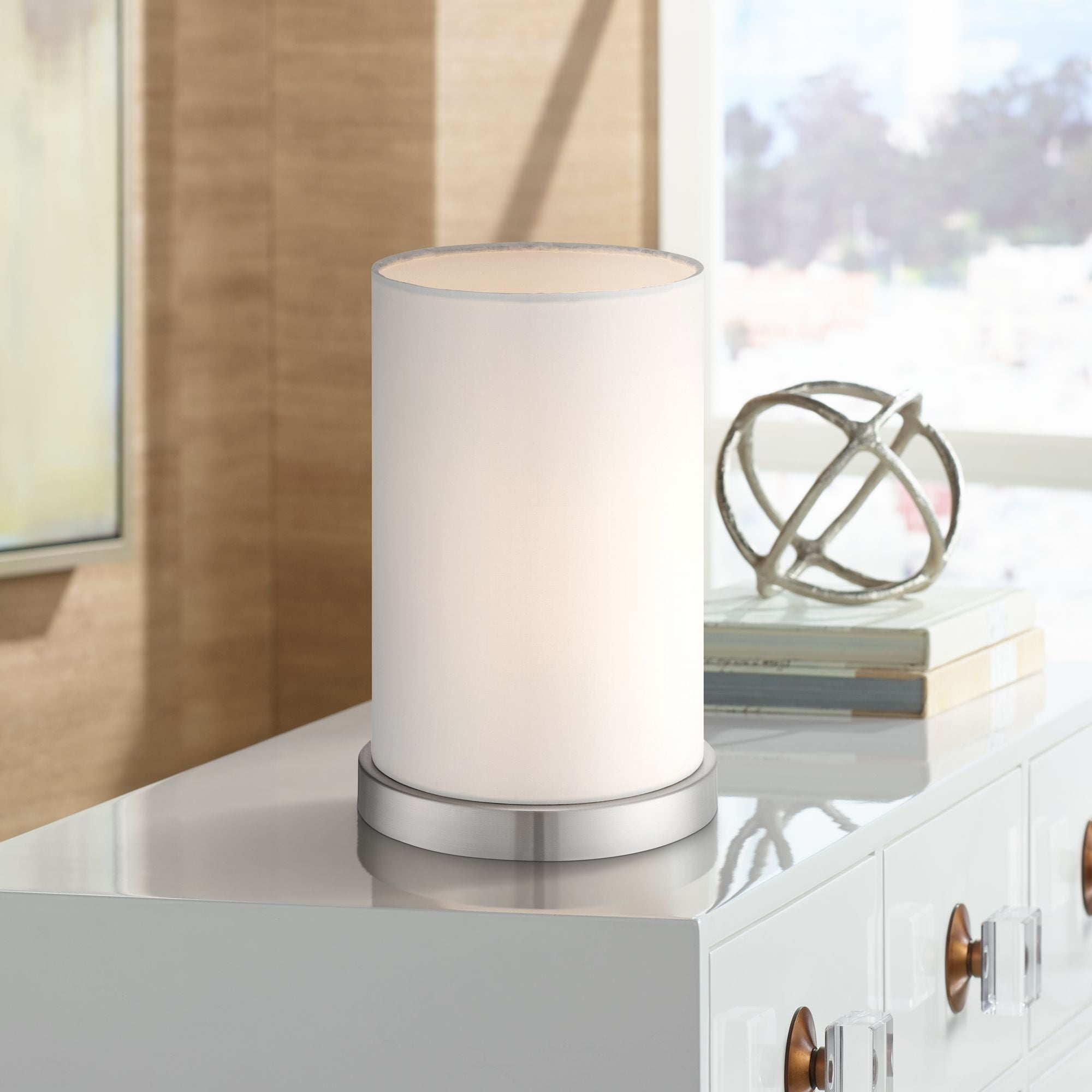 Contemporary White Fabric Cylinder Table Lamp with Brushed Metal Base