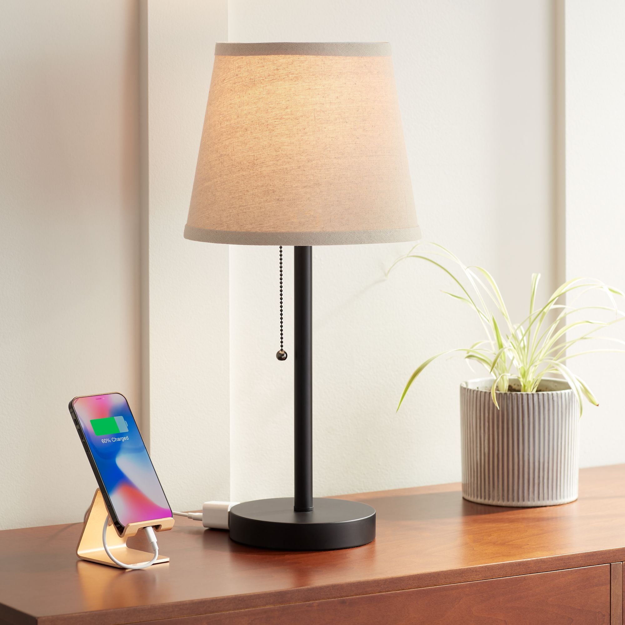 360 Lighting Modern Desk Table Lamp with Hotel Style USB and AC Power Outlet in Base 20" High Bronze Metal Oatmeal Drum Shade for Bedroom Office