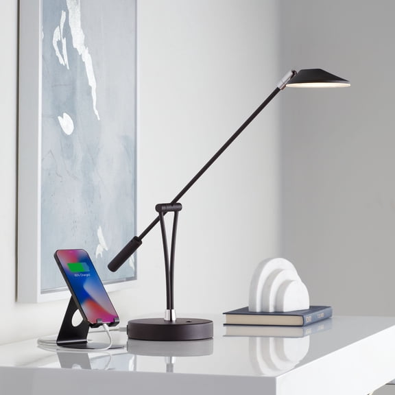 Possini Euro Design Modern Desk Table Lamp with USB Charging Port LED 20" High Satin Black Metal Adjustable Arm for Bedroom Office