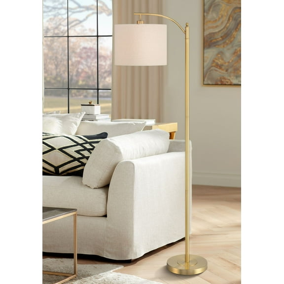 360 Lighting Modern Downbridge Floor Lamp 61 1/2" Tall Warm Gold Metal Off-White Linen Drum Shade for Living Room Reading Bedroom