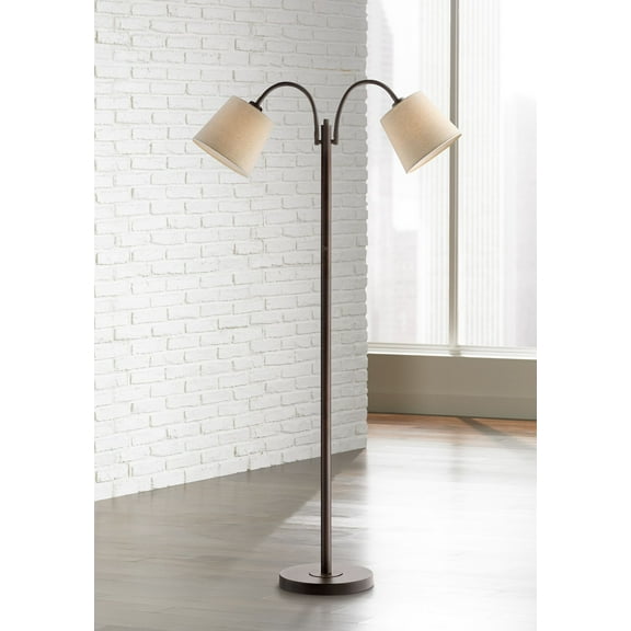 360 Lighting Modern Floor Lamp 56" Tall Dark Bronze Twin Arm Adjustable Gooseneck Neutral Cotton Drum Shade for Living Room Reading Bedroom