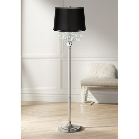 360 Lighting Modern Floor Lamp 62.5" Tall Satin Steel Chrome Crystal Chandelier Black Satin Fabric Drum Shade for Living Room Reading Bedroom