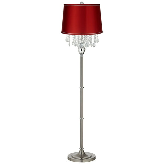 360 Lighting Modern Floor Lamp 62.5" Tall Satin Steel Chrome Crystal Chandelier Red Satin Drum Shade for Living Room Reading Bedroom Office