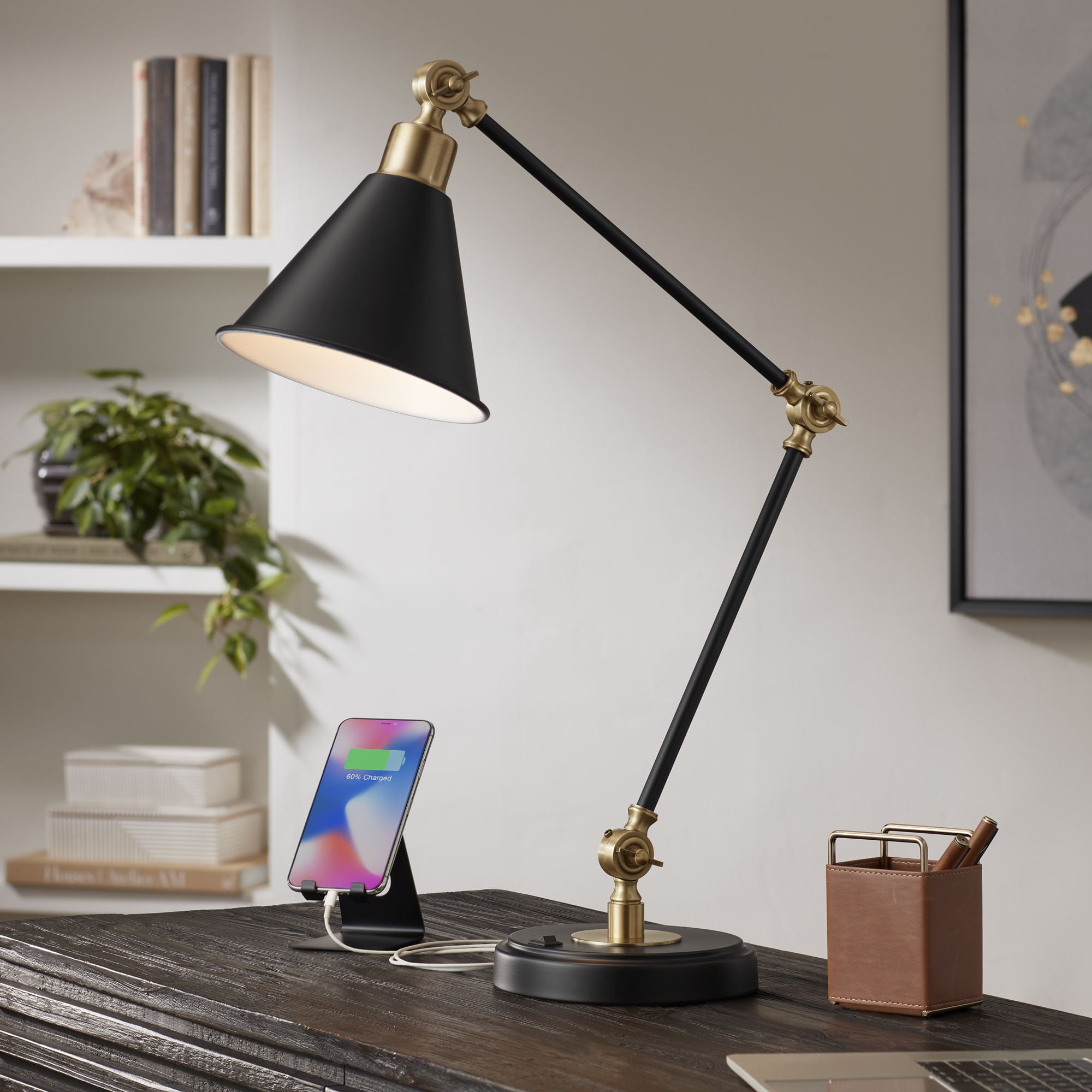 Adjustable Black and Brass Desk Lamp with USB Port