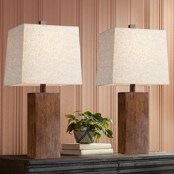 360 Lighting Modern Rustic Accent Table Lamps 23" High Set of 2 Faux Wood Rectangular Block Brown Tan Fabric Shade for Bedroom Living Room House Home