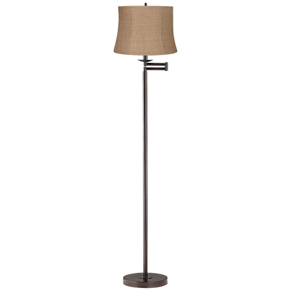 360 Lighting Modern Swing Arm Floor Lamp 60.5" Tall Bronze Natural Burlap Fabric Drum Shade for Living Room Reading Bedroom Office