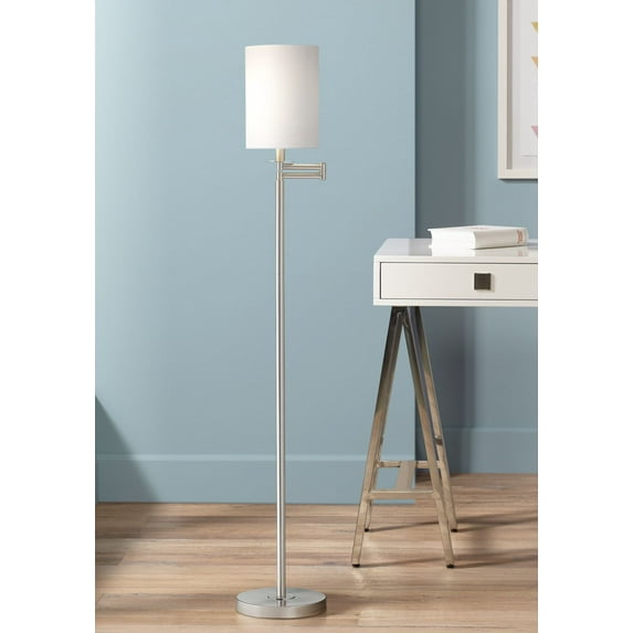 360 Lighting Modern Swing Arm Floor Lamp 60.5" Tall Brushed Nickel White Cotton Cylinder Shade for Living Room Reading Bedroom Office