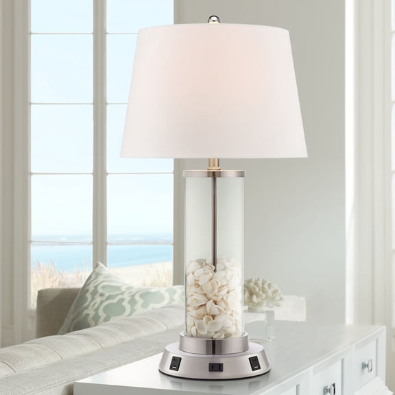 360 Lighting Modern Table Lamp with USB and AC Power Outlet Workstation Charging Base 26.25" High Fillable Clear Glass Drum Shade Living Room