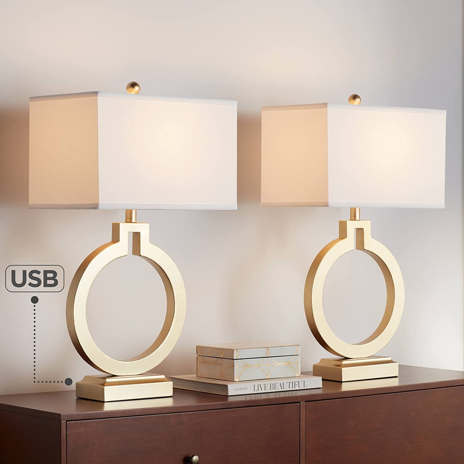 Gold Open Ring Table Lamps with USB Ports and White Shades, Set of 2