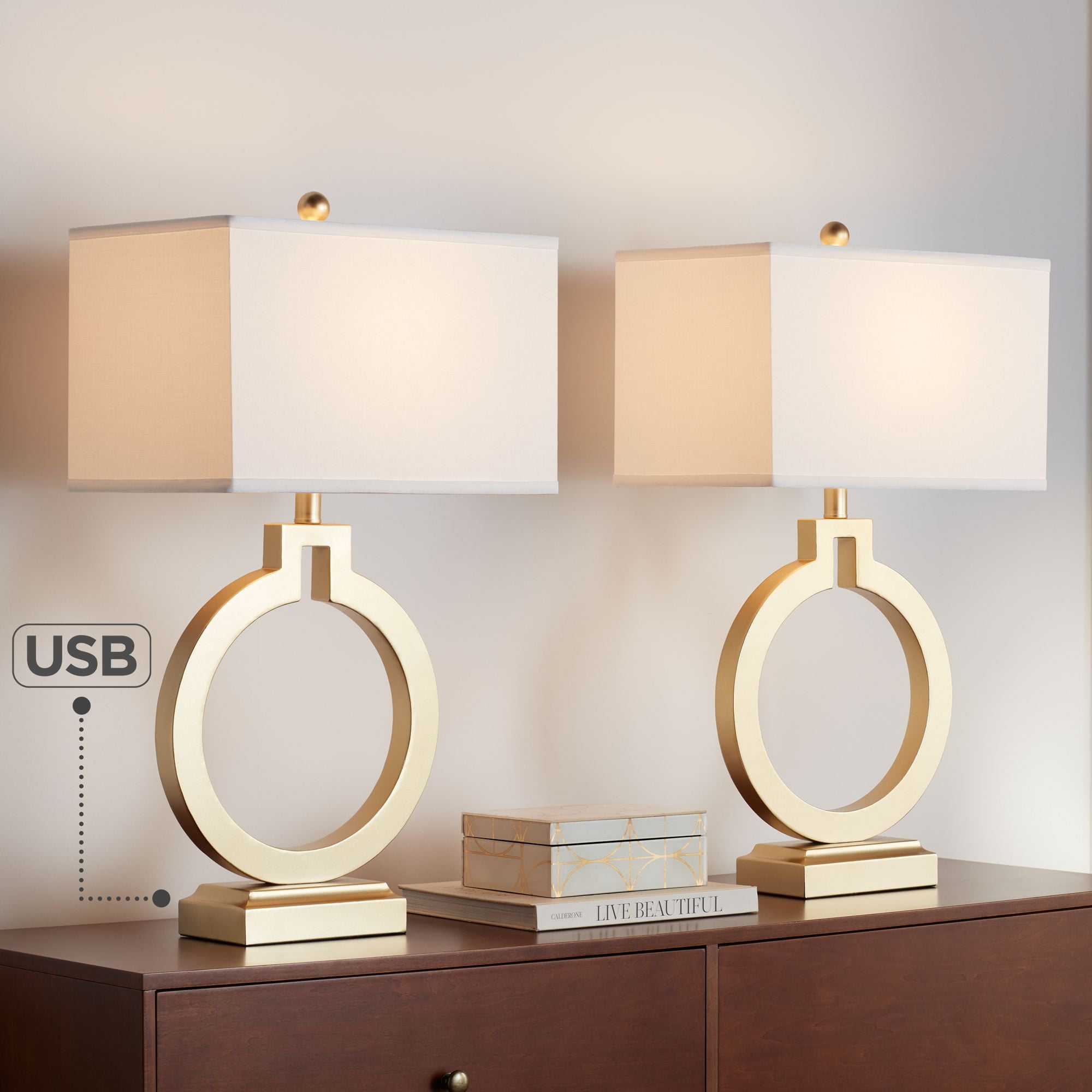Gold Open Ring Table Lamps with USB Ports and White Shades, Set of 2