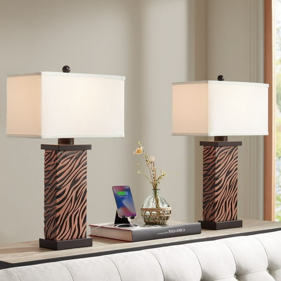 360 Lighting Modern Table Lamps Set of 2 with USB Charging Port 27" Tall Zebra Faux Wood Off-White Fabric Shade for Bedroom Bedside House
