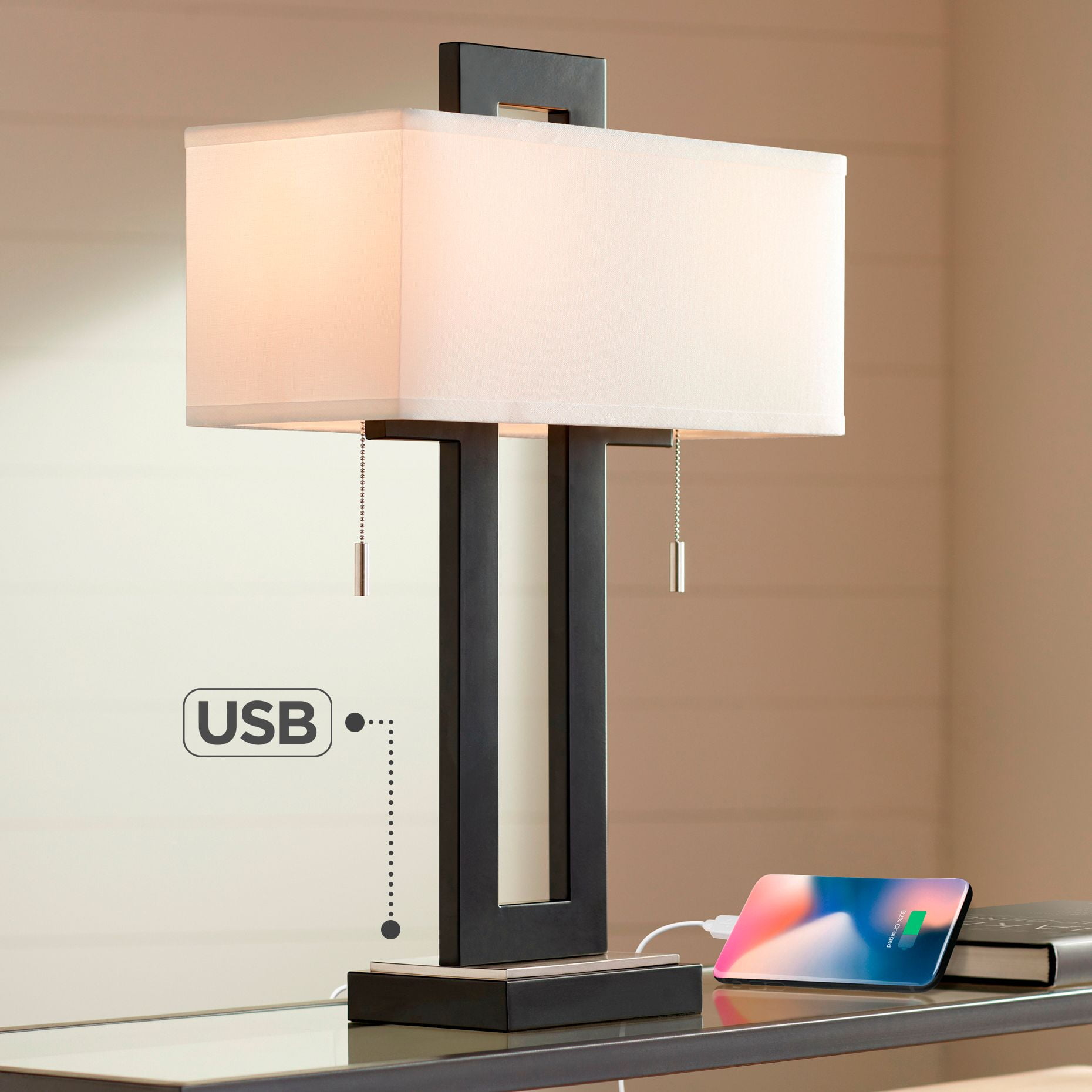 Black Metal Rectangular Table Lamp with USB Port