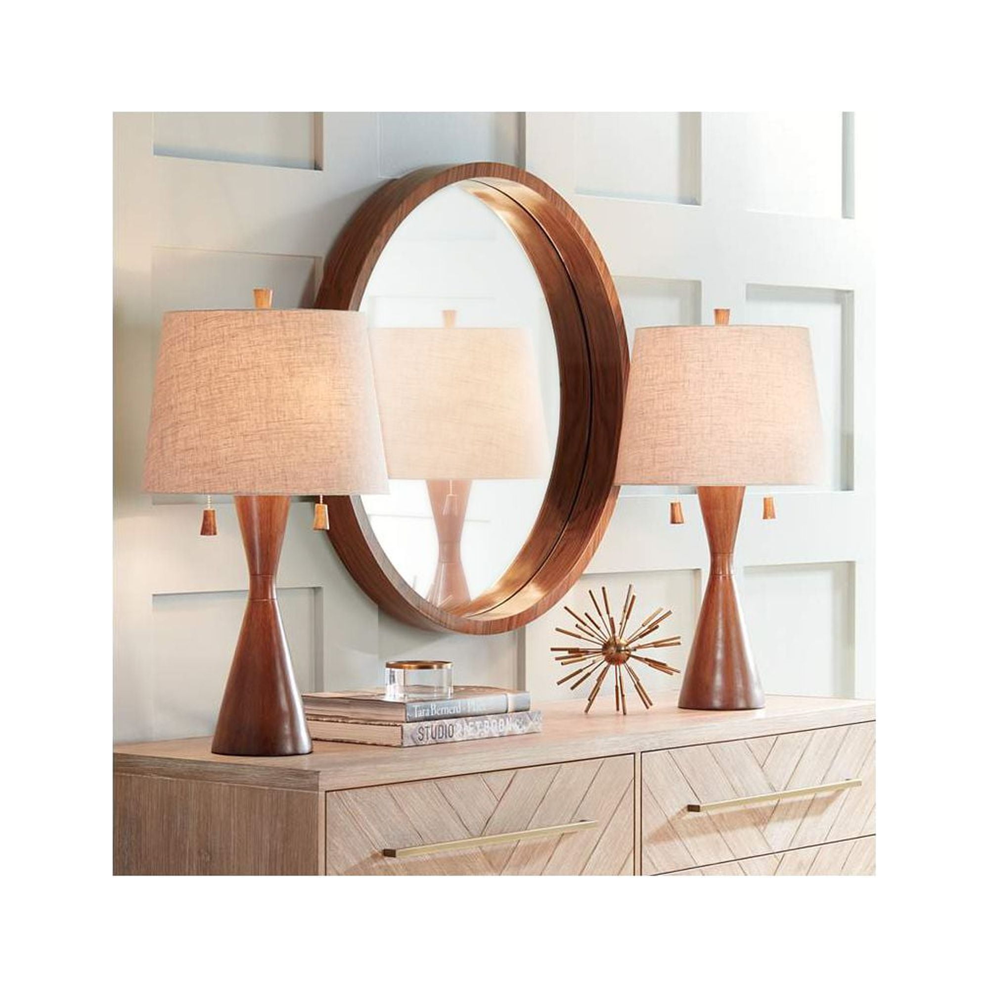 Mid Century Modern Warm Brown Wood Table Lamps Set with Beige Fabric Drum Shades
