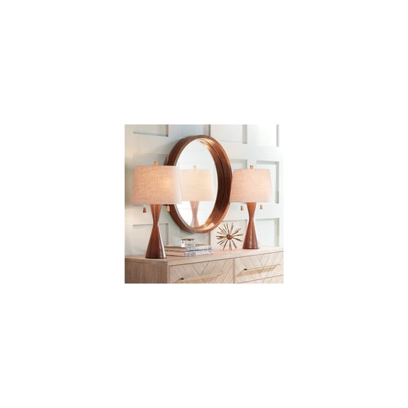 360 Lighting Omar Modern Modern Mid Century Table Lamps 28 3/4" Tall Set of 2 Brown Wood Oatmeal Tapered Drum Shade for Bedroom Living Room Bedside