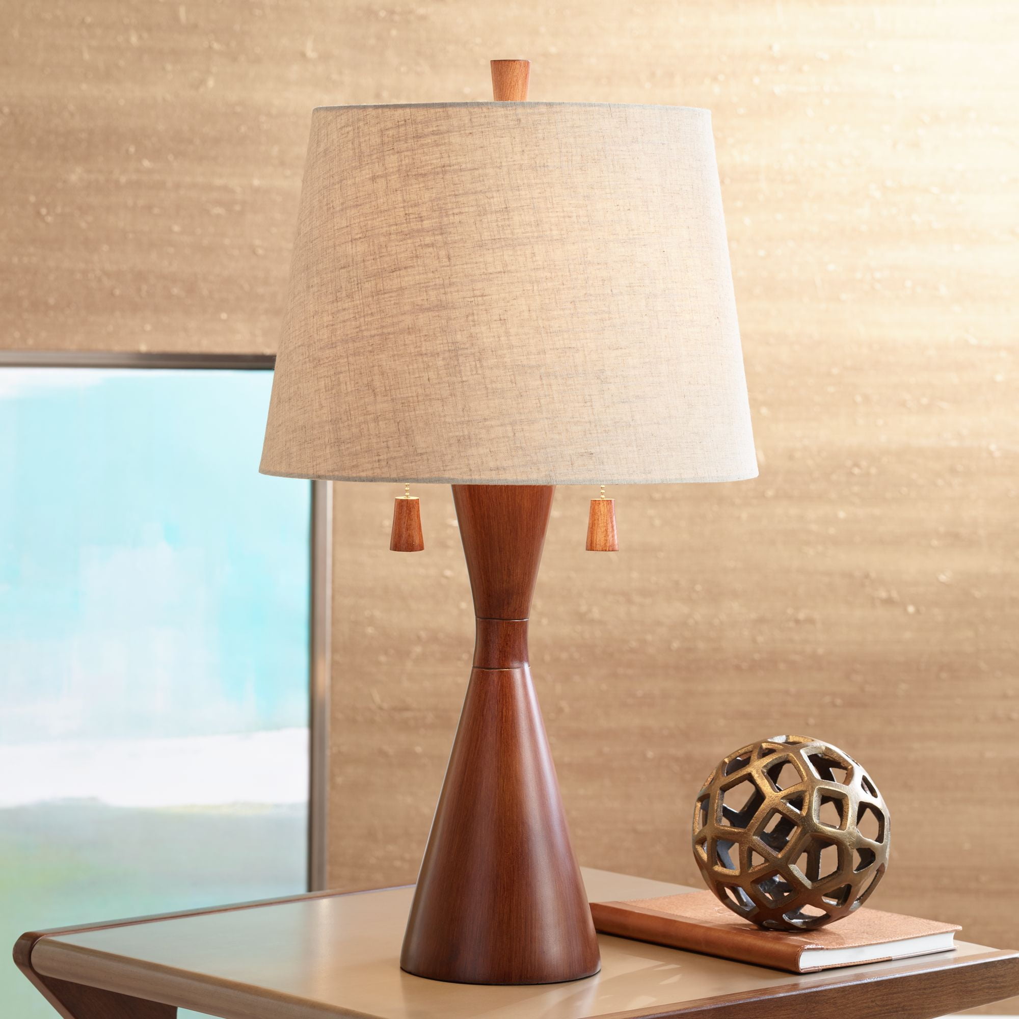 Warm Brown Faux Wood Hourglass Table Lamp with Oatmeal Fabric Shade