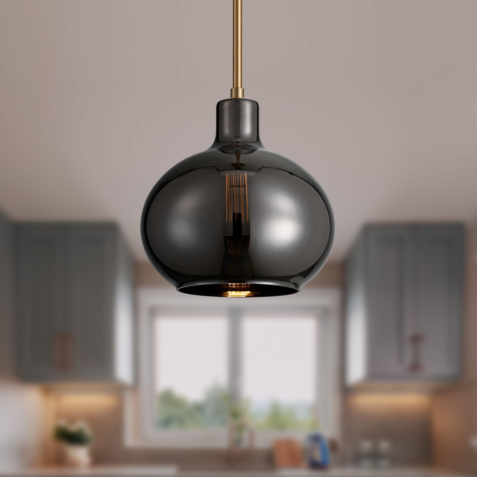 Adjustable Brass and Smoky Glass Globe Mini Pendant Light