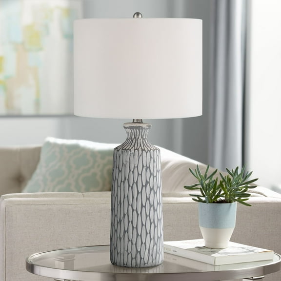 360 Lighting Patrick Modern Coastal Table Lamp 26 1/4" High Gray White Wash Geometric Ceramic Drum Fabric Shade for Bedroom Living Room Bedside Office