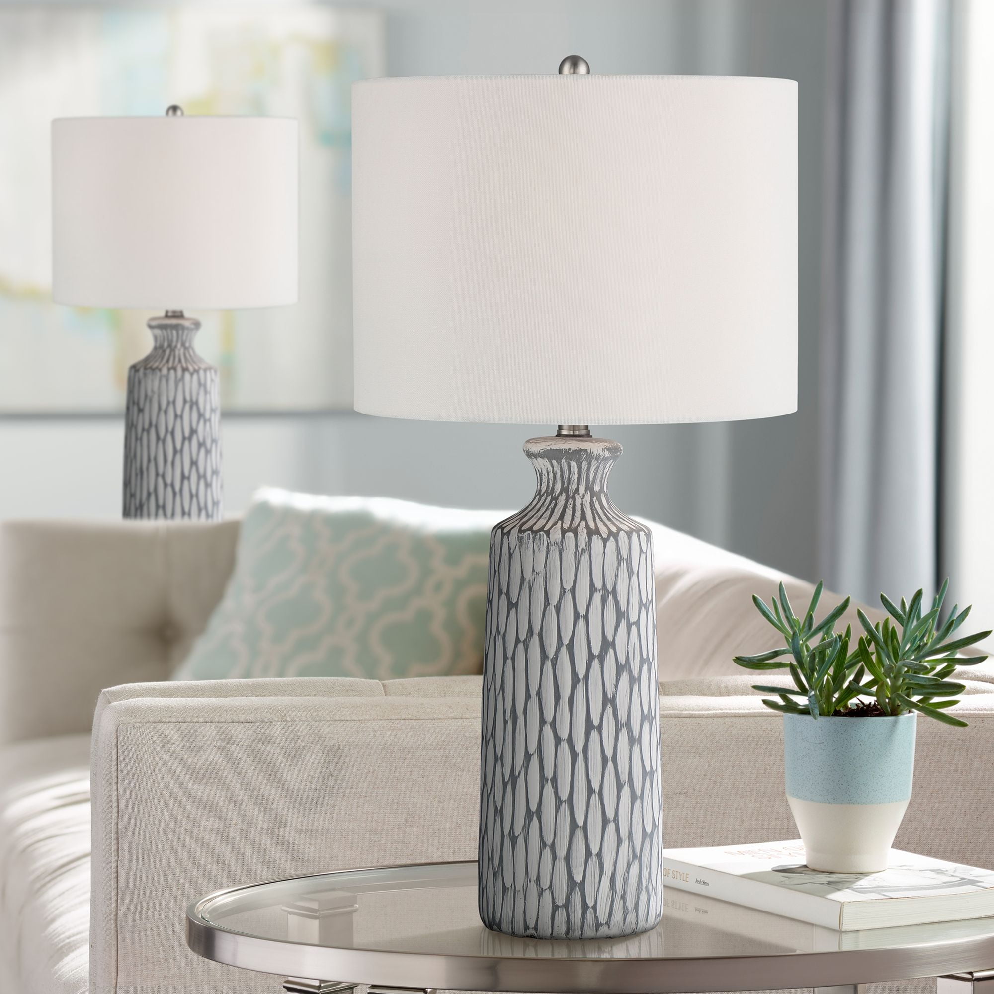 Patrick 26" Gray and White Ceramic Table Lamp Set with Fabric Shades