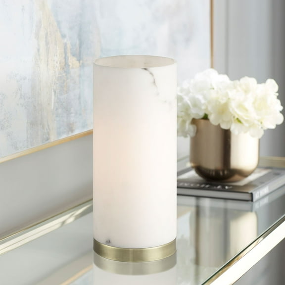 360 Lighting Renier 14" High Small Cylinder Modern Glam Accent Table Lamp Faux Alabaster Gold Brass Finish Metal Living Room