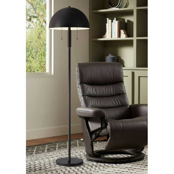360 Lighting Rhys Mid Century Modern 62" Tall Standing Floor Lamp Skinny Pole Pull Chain Black Metal Bedroom Mushroom Dome Shade