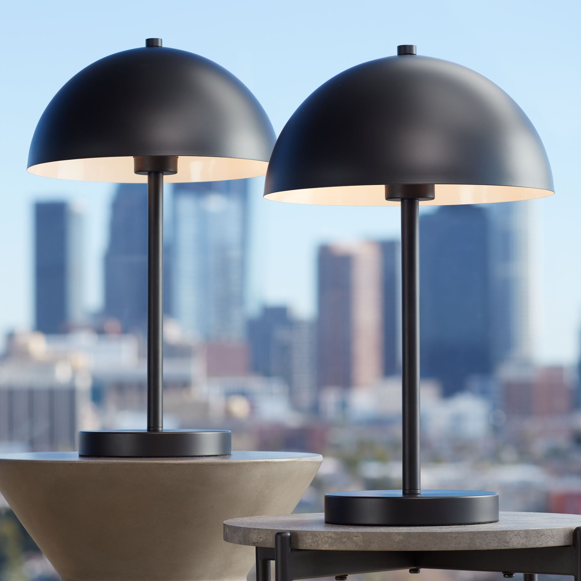 Rhys Mid-Century Modern Black Metal Dome Table Lamp Set