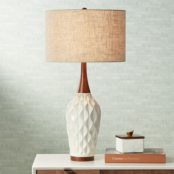 360 Lighting Rocco Modern Mid Century Table Lamp 30" Tall White Geometric Ceramic Wood Tan Fabric Drum Shade for Bedroom Living Room Bedside Office