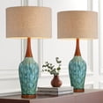 thumbnail image 1 of 360 Lighting Rocco Modern Mid Century Table Lamps 30" Tall Set of 2 Blue Teal Glaze Ceramic Linen Drum Shade for Bedroom Living Room Nightstand Home, 1 of 8