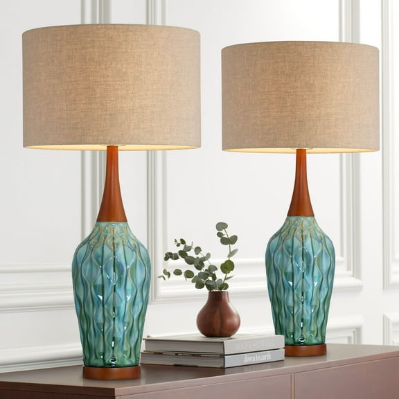 360 Lighting Rocco Modern Mid Century Table Lamps 30" Tall Set of 2 Blue Teal Glaze Ceramic Linen Drum Shade for Bedroom Living Room Nightstand Home