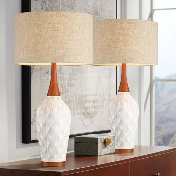 360 Lighting Rocco Modern Mid Century Table Lamps 30" Tall Set of 2 White Ceramic Tan Fabric Drum Shade for Bedroom Living Room Bedside Nightstand