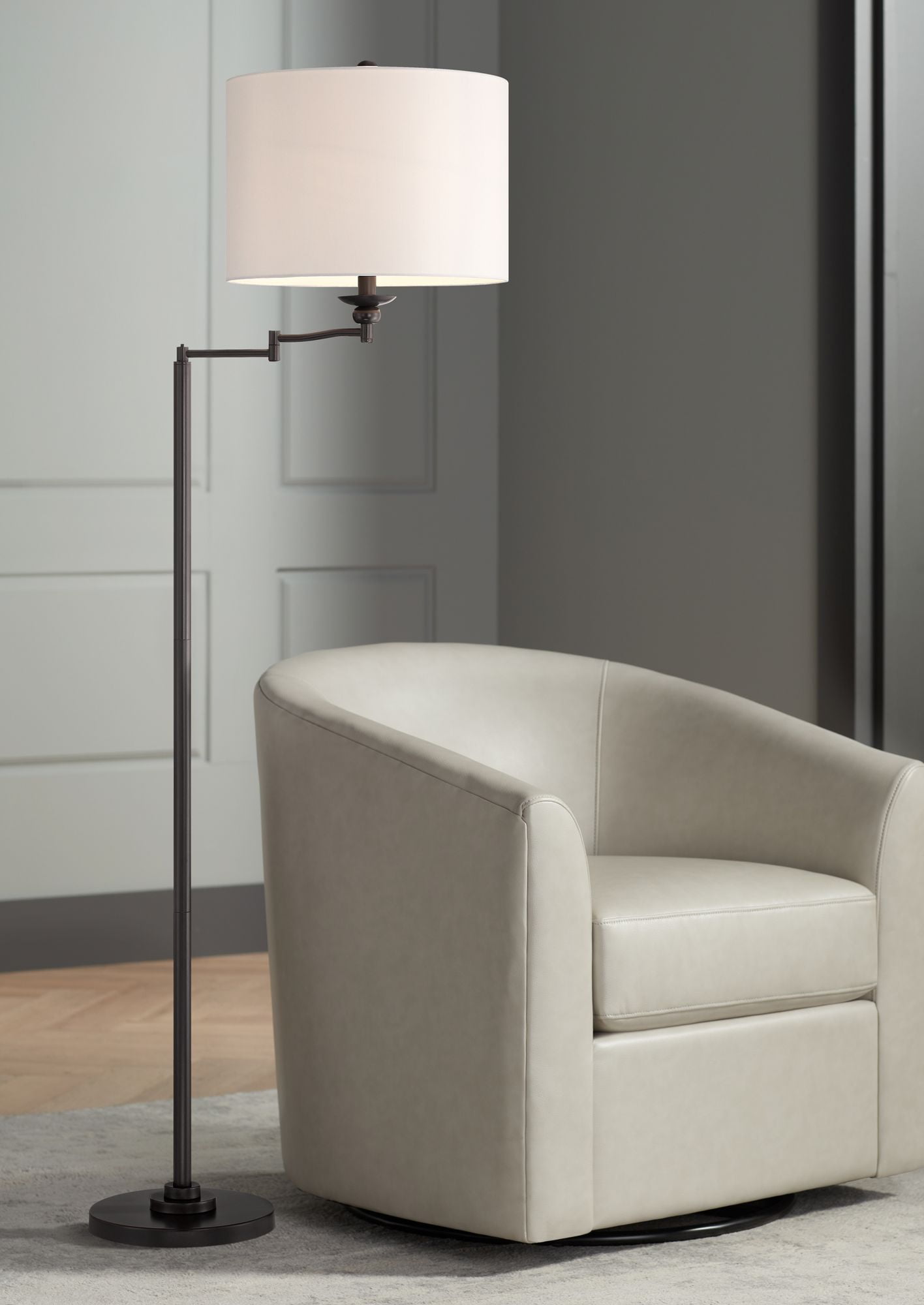 Bronze Adjustable Floor Lamp with White Linen Drum Shade